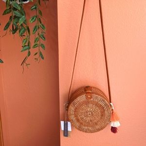 Round Rattan Crossbody Bag with Removable Tassels